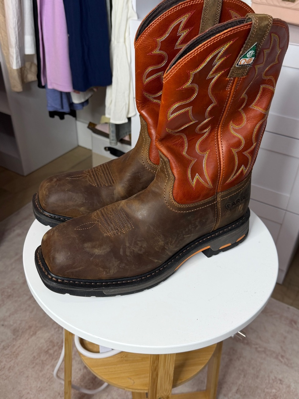 Ariat Brown Foot with Orange Shaft Western Work Boots